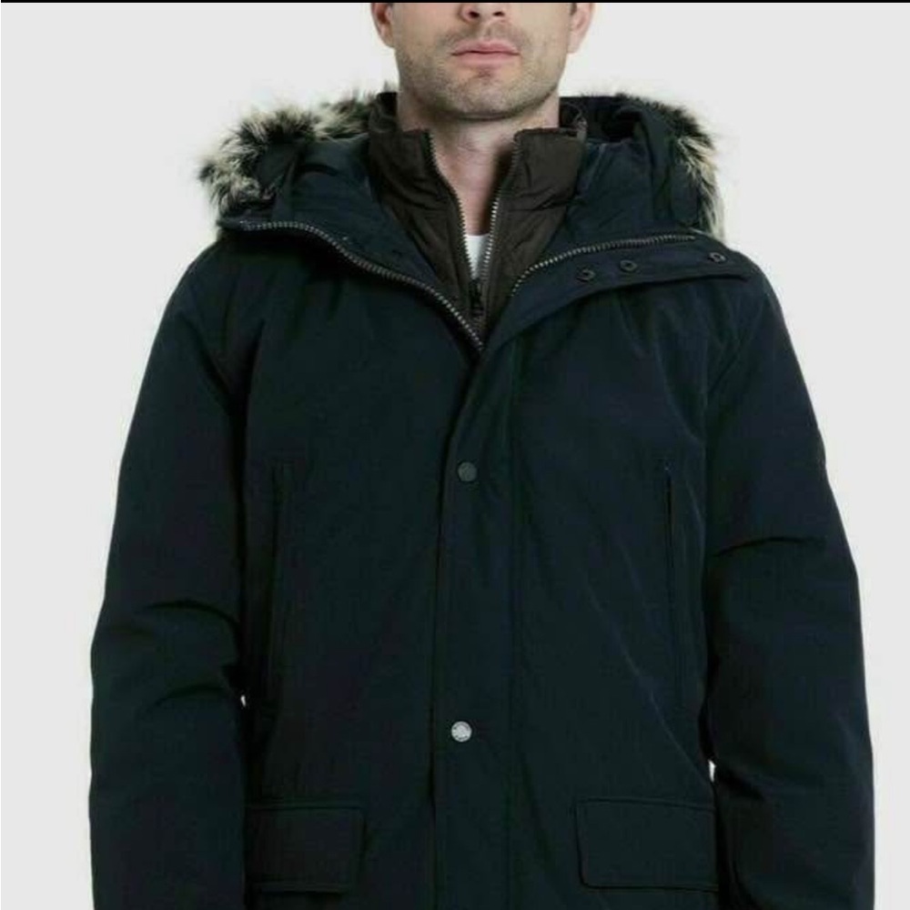 MICHAEL KORS Men's Bib Snorkel Parka Black Winter Jacket w/ Faux Fur Hood Size L